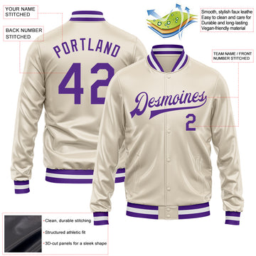 Custom Cream Purple Bomber Full-Snap Varsity Faux Leather Letterman Jacket