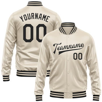 Custom Cream Black Bomber Full-Snap Varsity Faux Leather Letterman Jacket
