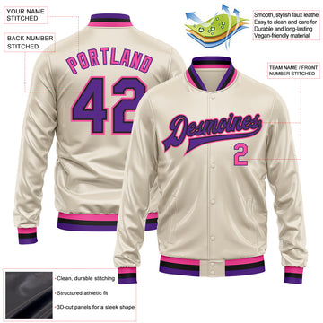 Custom Cream Purple Pink-Black Bomber Full-Snap Varsity Faux Leather Letterman Jacket