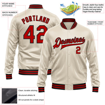 Custom Cream Red-Black Bomber Full-Snap Varsity Faux Leather Letterman Jacket