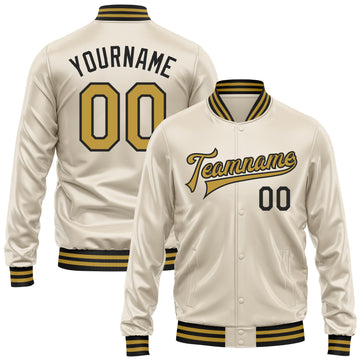 Custom Cream Old Gold-Black Bomber Full-Snap Varsity Faux Leather Letterman Jacket