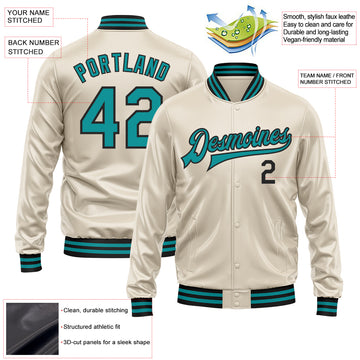 Custom Cream Teal-Black Bomber Full-Snap Varsity Faux Leather Letterman Jacket