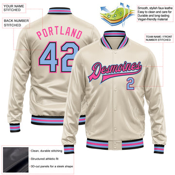 Custom Cream Light Blue Pink-Black Bomber Full-Snap Varsity Faux Leather Letterman Jacket