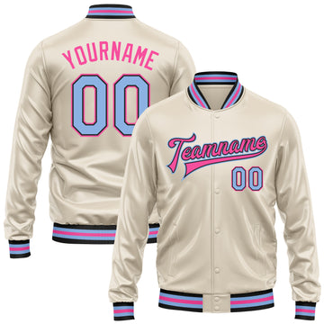 Custom Cream Light Blue Pink-Black Bomber Full-Snap Varsity Faux Leather Letterman Jacket