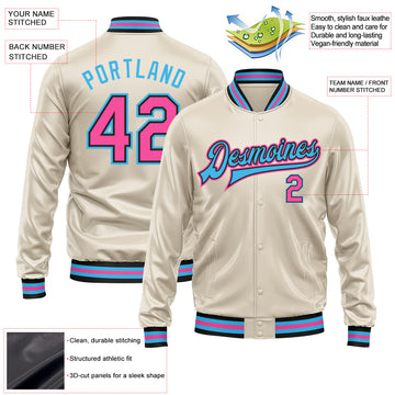 Custom Cream Pink Sky Blue-Black Bomber Full-Snap Varsity Faux Leather Letterman Jacket