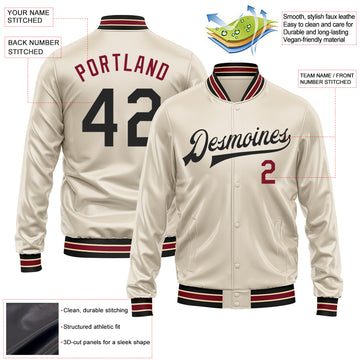 Custom Cream Black-Crimson Bomber Full-Snap Varsity Faux Leather Letterman Jacket