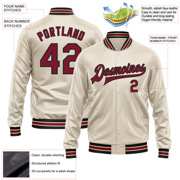 Custom Cream Crimson-Black Bomber Full-Snap Varsity Faux Leather Letterman Jacket