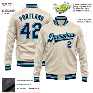 Custom Cream Navy Teal-Gray Bomber Full-Snap Varsity Faux Leather Letterman Jacket