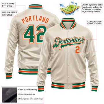 Custom Cream Kelly Green-Orange Bomber Full-Snap Varsity Faux Leather Letterman Jacket