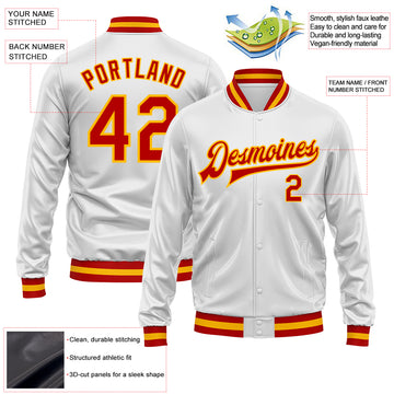 Custom White Red-Gold Bomber Full-Snap Varsity Faux Leather Letterman Jacket