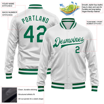 Custom White Kelly Green Bomber Full-Snap Varsity Faux Leather Letterman Jacket