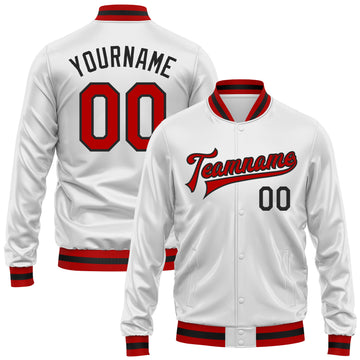 Custom White Red-Black Bomber Full-Snap Varsity Faux Leather Letterman Jacket