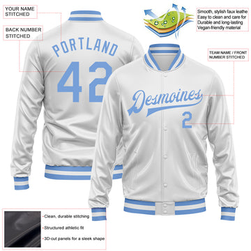 Custom White Light Blue Bomber Full-Snap Varsity Faux Leather Letterman Jacket