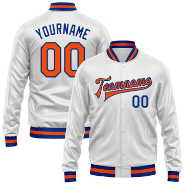 Custom White Orange-Royal Bomber Full-Snap Varsity Faux Leather Letterman Jacket