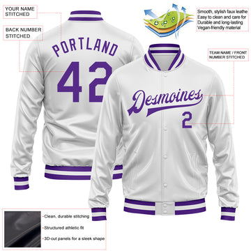 Custom White Purple Bomber Full-Snap Varsity Faux Leather Letterman Jacket