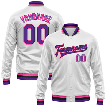 Custom White Purple Pink-Black Bomber Full-Snap Varsity Faux Leather Letterman Jacket