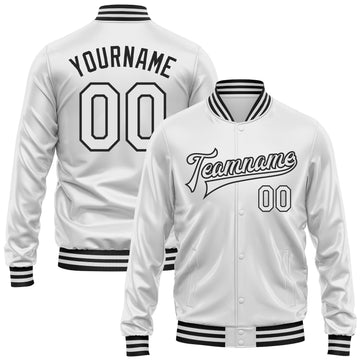 Custom White White-Black Bomber Full-Snap Varsity Faux Leather Letterman Jacket