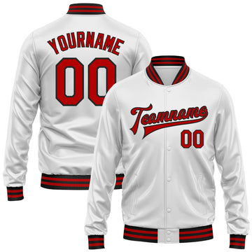 Custom White Red-Black Bomber Full-Snap Varsity Faux Leather Letterman Jacket