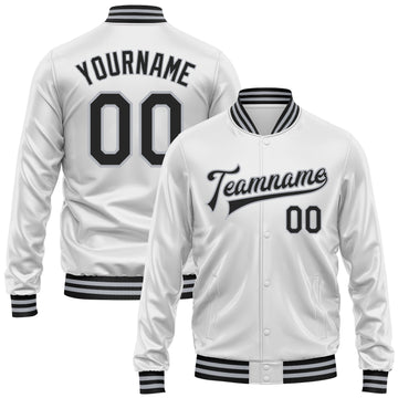 Custom White Black-Gray Bomber Full-Snap Varsity Faux Leather Letterman Jacket