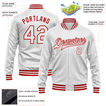 Custom White White-Red Bomber Full-Snap Varsity Faux Leather Letterman Jacket