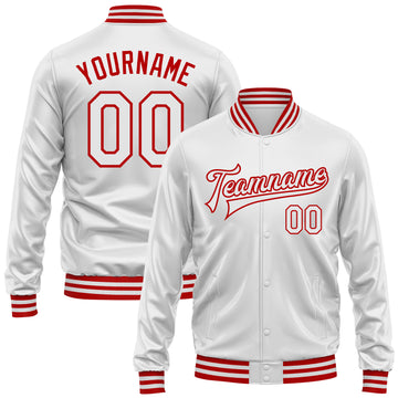 Custom White White-Red Bomber Full-Snap Varsity Faux Leather Letterman Jacket