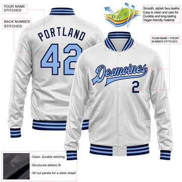 Custom White Light Blue-Navy Bomber Full-Snap Varsity Faux Leather Letterman Jacket