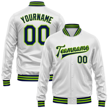 Custom White Navy-Neon Green Bomber Full-Snap Varsity Faux Leather Letterman Jacket