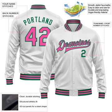 Custom White Pink-Kelly Green Bomber Full-Snap Varsity Faux Leather Letterman Jacket