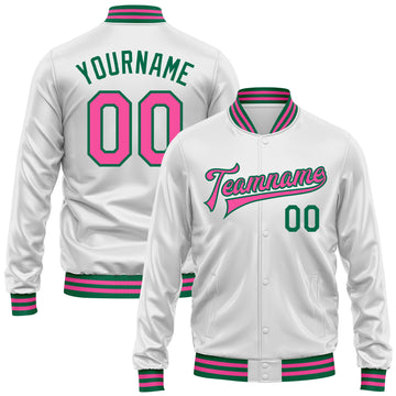 Custom White Pink-Kelly Green Bomber Full-Snap Varsity Faux Leather Letterman Jacket