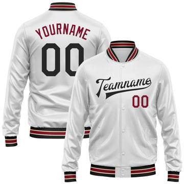 Custom White Black-Crimson Bomber Full-Snap Varsity Faux Leather Letterman Jacket