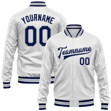 Custom White Navy-Gray Bomber Full-Snap Varsity Faux Leather Letterman Jacket