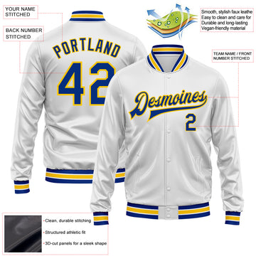 Custom White Royal-Yellow Bomber Full-Snap Varsity Faux Leather Letterman Jacket