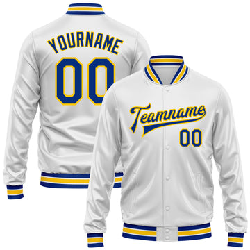 Custom White Royal-Yellow Bomber Full-Snap Varsity Faux Leather Letterman Jacket