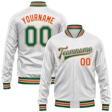 Custom White Kelly Green-Orange Bomber Full-Snap Varsity Faux Leather Letterman Jacket