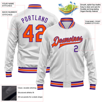 Custom White Orange-Purple Bomber Full-Snap Varsity Faux Leather Letterman Jacket