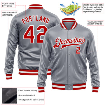 Custom Gray Red-White Bomber Full-Snap Varsity Faux Leather Letterman Jacket