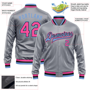 Custom Gray Pink Light Blue-Black Bomber Full-Snap Varsity Faux Leather Letterman Jacket