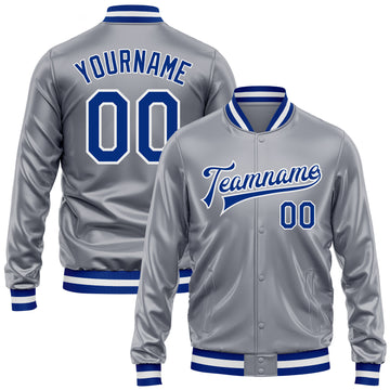 Custom Gray Royal-White Bomber Full-Snap Varsity Faux Leather Letterman Jacket