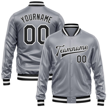 Custom Gray Black-White Bomber Full-Snap Varsity Faux Leather Letterman Jacket