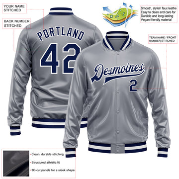 Custom Gray Navy-White Bomber Full-Snap Varsity Faux Leather Letterman Jacket