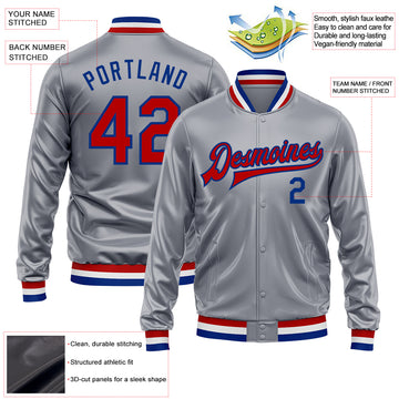 Custom Gray Red-Royal Bomber Full-Snap Varsity Faux Leather Letterman Jacket