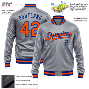 Custom Gray Orange-Royal Bomber Full-Snap Varsity Faux Leather Letterman Jacket