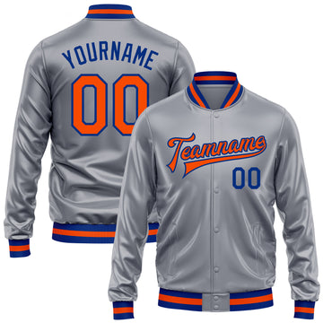 Custom Gray Orange-Royal Bomber Full-Snap Varsity Faux Leather Letterman Jacket