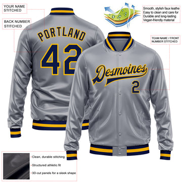 Custom Gray Navy-Gold Bomber Full-Snap Varsity Faux Leather Letterman Jacket