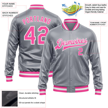 Custom Gray Pink-White Bomber Full-Snap Varsity Faux Leather Letterman Jacket