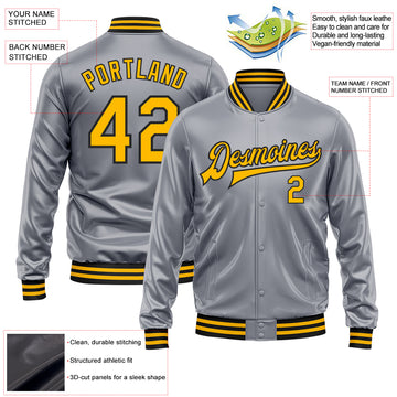 Custom Gray Gold-Black Bomber Full-Snap Varsity Faux Leather Letterman Jacket