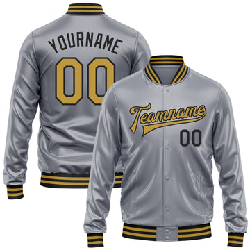 Custom Gray Old Gold-Black Bomber Full-Snap Varsity Faux Leather Letterman Jacket
