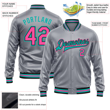 Custom Gray Pink Aqua-Black Bomber Full-Snap Varsity Faux Leather Letterman Jacket