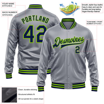 Custom Gray Navy-Neon Green Bomber Full-Snap Varsity Faux Leather Letterman Jacket
