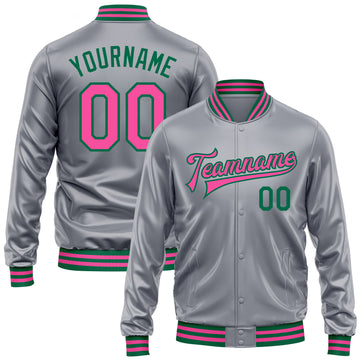 Custom Gray Pink-Kelly Green Bomber Full-Snap Varsity Faux Leather Letterman Jacket